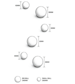A size diagram showing two types of spherical objects: BIG BALL 80MM and SMALL BALL 80MM, along with smaller 60MM balls. Each ball is illustrated as a black-and-white sketch with a vertical dimension line and text indicating its size.