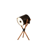 Modern tripod spotlight table lamp with black metal shade and wooden legs on white background
