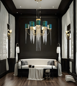 Modern living room with a chandelier, sofa, and decorative elements.