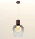 A modern pendant light with a clear glass bell-shaped shade, a glowing warm white bulb inside, and a dark brown cylindrical cap, suspended by a thin cord from a matching brown ceiling canopy against a light beige background.