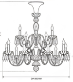 Technical drawing of a multi-arm crystal chandelier with candle-style lights and decorative drops, showing an overall diameter of 850 mm.