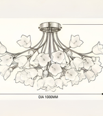 Technical illustration of a gold floral chandelier showing its wide arrangement of flower-shaped shades and a stated diameter of 1000 mm.