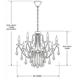 Technical drawing of a black crystal chandelier showing its decorative design, adjustable total hanging height of 1,100 mm, body height of 600 mm, and 750 mm diameter.