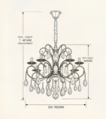 Technical illustration of a black metal crystal chandelier showing its design and dimensional measurements.