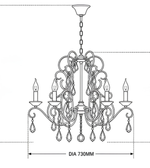 Technical line drawing of a vintage black metal crystal chandelier showing its ornate frame, crystal drops, candle-style light holders, and 730 mm diameter.