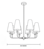 Technical line drawing of an eight-light chandelier with tapered shades, showing a diameter of 900 mm.