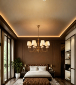 Gold eight-light chandelier with ivory pleated shades suspended in an elegant bedroom with rich brown wall panelling.
Copy alt text
