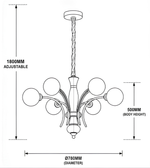 Black and white line drawing schematic of a multi-light chandelier with dimension annotations showing 1800mm adjustable height, 500mm body height, and 780mm diameter.