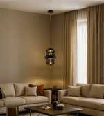 Smoked glass tunable pendant light with touch sensor hanging in elegant living room.