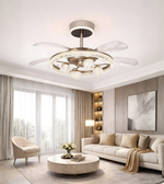 Daya Lumina Crystal Retractable Fandelier ceiling fan with clear crystal accents and modern design, mounted on a ceiling.