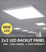 2x2 48W LED backlit panel light installed in office grid ceiling with 5280 lumens output