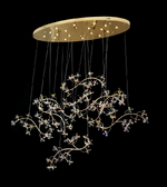 Modern chandelier with intricate design on a black background