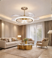 Luxury double ring crystal fandelier with metallic finish installed in an elegant living room