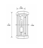 Technical dimension drawing of modern black glass outdoor wall light showing L170MM W170MM H310MM dimensions