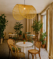 Eco-friendly rope pendant casting warm glow in restaurant