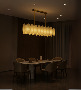 Petals Shape Linear Chandelier Above Modern Dinning Area.