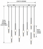 Technical dimension diagram of a multi-light linear ceiling fixture with adjustable hanging cords, showing labeled measurements for length 800mm, total height 1500mm, and body height 400mm.