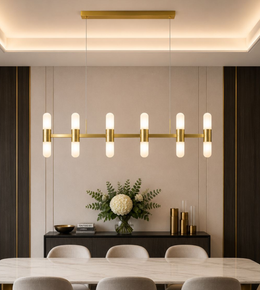 1200MM BRUSHED BRASS LINEAR PENDANT WITH NATURAL ALABASTER AND 12 G9 LIGHTS