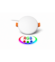 Round white device with orange accents on a white background, featuring RGB color model icon.