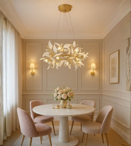 Designer round chandelier inspired by blooming branches in elegant interior