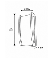 Technical dimension drawing of modern black LED outdoor wall light showing L135MM W75MM H250MM dimension