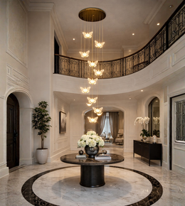 Luxury butterfly cascade chandelier hanging in double height foyer interior