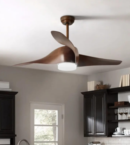 Designer ceiling fan with curved wooden blades and integrated LED light installed in a modern interior