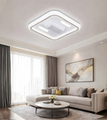 Daya Worldwide Aerolux square ceiling light with built-in fan, modern white fixture for living room or bedroom ceiling lighting.