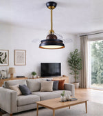 Retractable blade ceiling fan with LED light installed in a modern living room interior