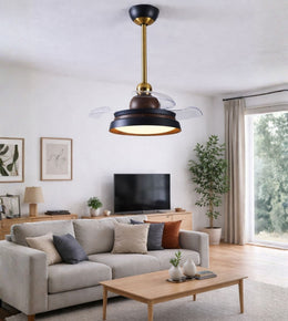Retractable blade ceiling fan with LED light installed in a modern living room interior