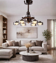 modern living room with premium glass shade led ceiling fan with lights