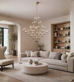 Modern cascading crystal chandelier with delicate branching structure illuminating a contemporary living room