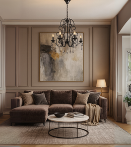 Royal Opulence chandelier with black wrought iron and crystals hanging in a luxury living room.