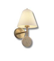 Bronze metal wall light with cone fabric shade and round stone detail isolated on background