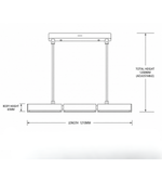 Technical dimension drawing of modern triple linear pendant light showing 1210MM length, 65MM body height, and 1200MM adjustable total hanging height.