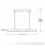 Technical dimension drawing of modern triple linear pendant light showing 1210MM length, 65MM body height, and 1200MM adjustable total hanging height.