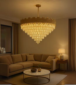 Golden Pyramid chandelier with tiered glass design illuminating a luxurious living room with warm golden tones.