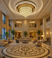 Imperial Cascade chandelier with gold multi-tier crystal design in a grand hotel lobby.
