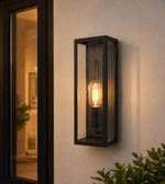 Modern black metal and glass outdoor wall light with decorative E27 bulb
