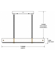 Technical dimension drawing of modern linear pendant light showing 1180MM length, 80MM body height, and 1200MM adjustable total hanging height.
