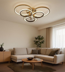 Velluno gold ceiling light adding artistic glow to soft neutral interior.