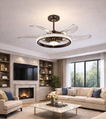 Luxury crystal ring fandelier with retractable blades installed in a modern living room interior