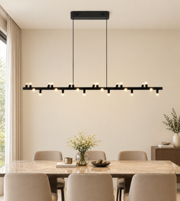 Modern black linear LED pendant chandelier with multiple warm white lights suspended above a luxury dining table.