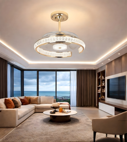 Modern crystal fandelier with brushed gold finish installed in a luxury living room ceiling