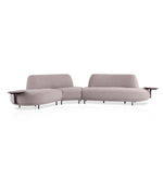 Daya Worldwide Luna Curve modular sofa in neutral fabric with curved armrests and plush cushions, modern living room setting.