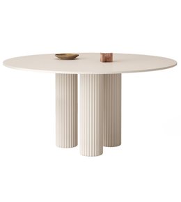 Round dining table with a sleek wooden column base, suitable for modern dining rooms, by Daya Worldwide.