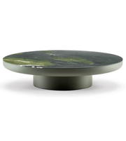 Round green coffee table with smooth surface and wooden legs, modern design from Daya Worldwide.