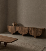 Wooden Arc Trio console unit by Daya Worldwide featuring a sleek, modern design with curved arches and a smooth finish.