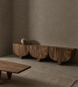 Wooden Arc Trio console unit by Daya Worldwide featuring a sleek, modern design with curved arches and a smooth finish.