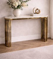 Daya Worldwide Aurelia marble console unit featuring a sleek design with a polished marble surface and modern metal legs.